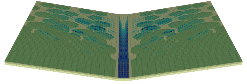 An example simulation showing a patterned ground with variable land cover (in greens) and surface water (in blues) during a rainstorm.  The green, organic-rich soil, thanks to a higher porosity, is able to store more water.  This changes the hydrologic re